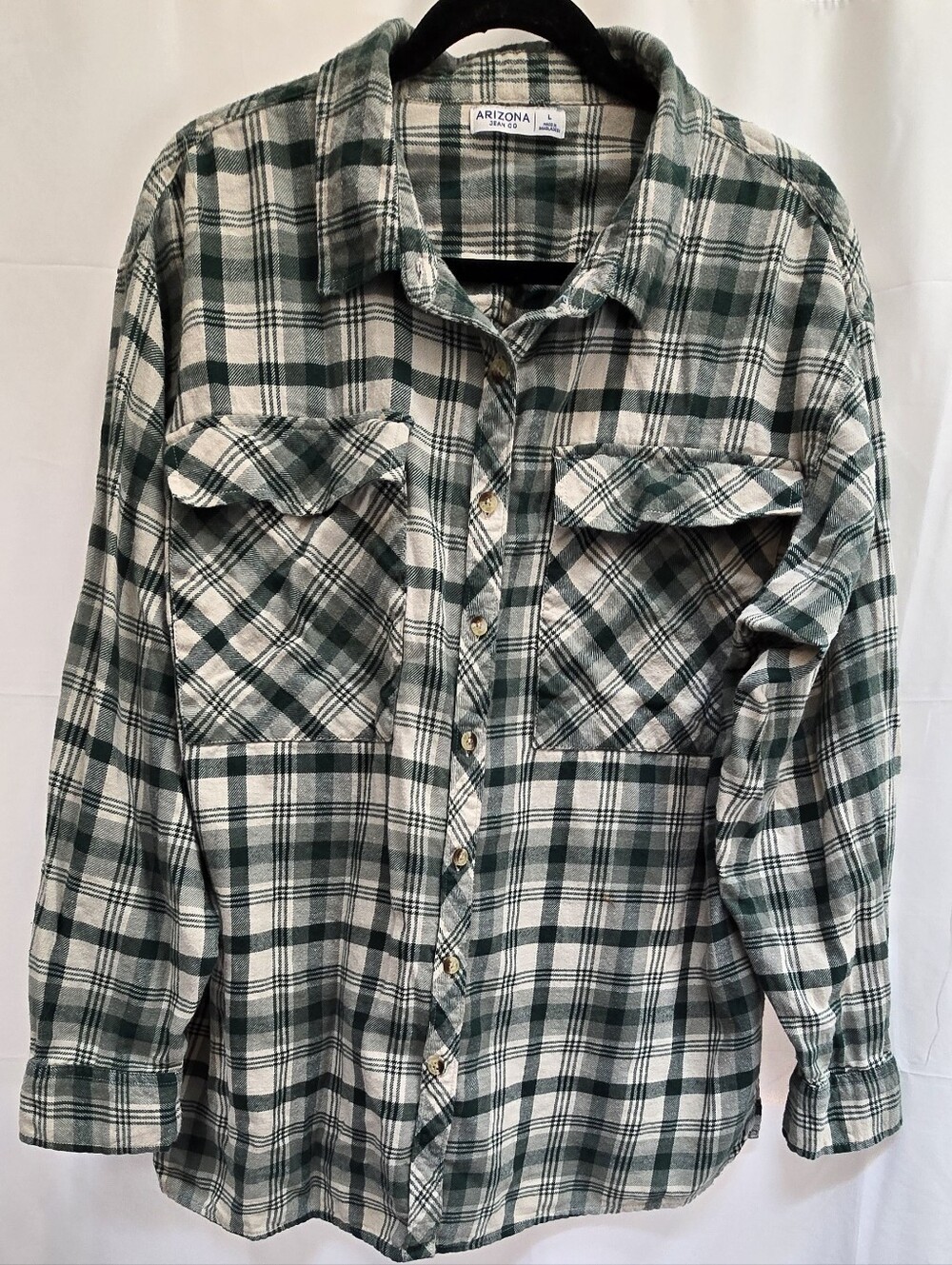 Arizona Jean Co Green Plaid Flannel Shirt Women’s Large 100% Cotton Button Up